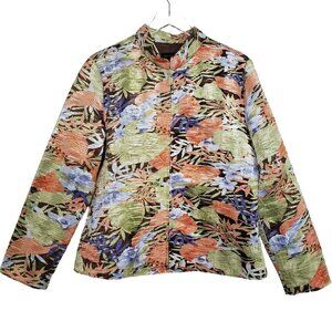 Silk Land Floral Jacket Lightweight Tropical Multicolor Full Zip Womens Size XL